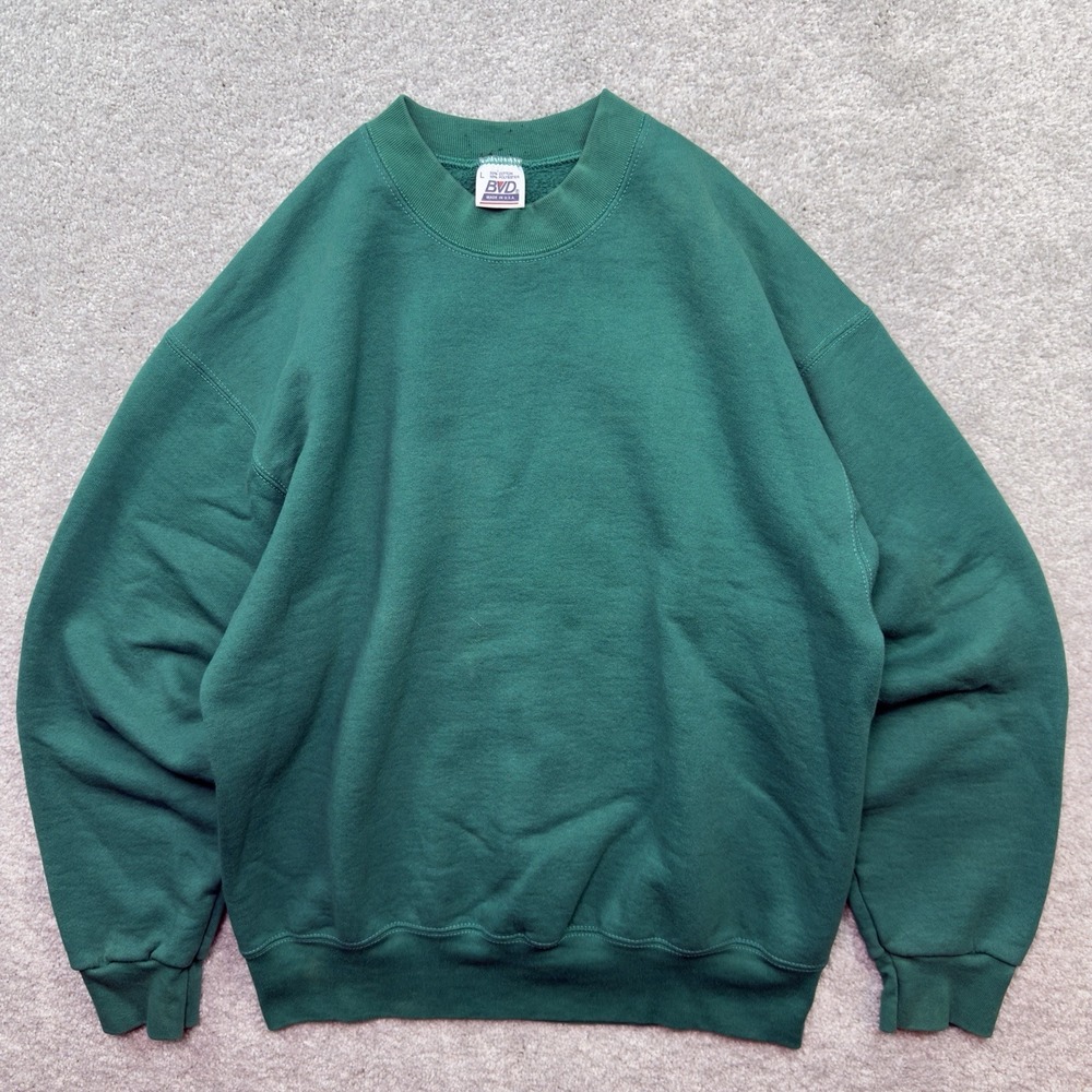 BVD Vintage Blank Green Crewneck Sweatshirt Mens Large Made in USA 50/50 Fleece